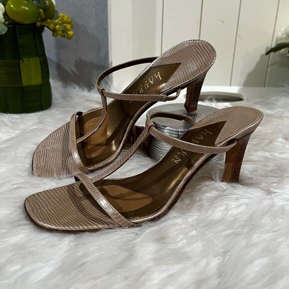 LRL Ralph Lauren Leather T-Strap Metallic High Heel Snakeskin Slides Sandals 5.5 - Picture 9 of 13